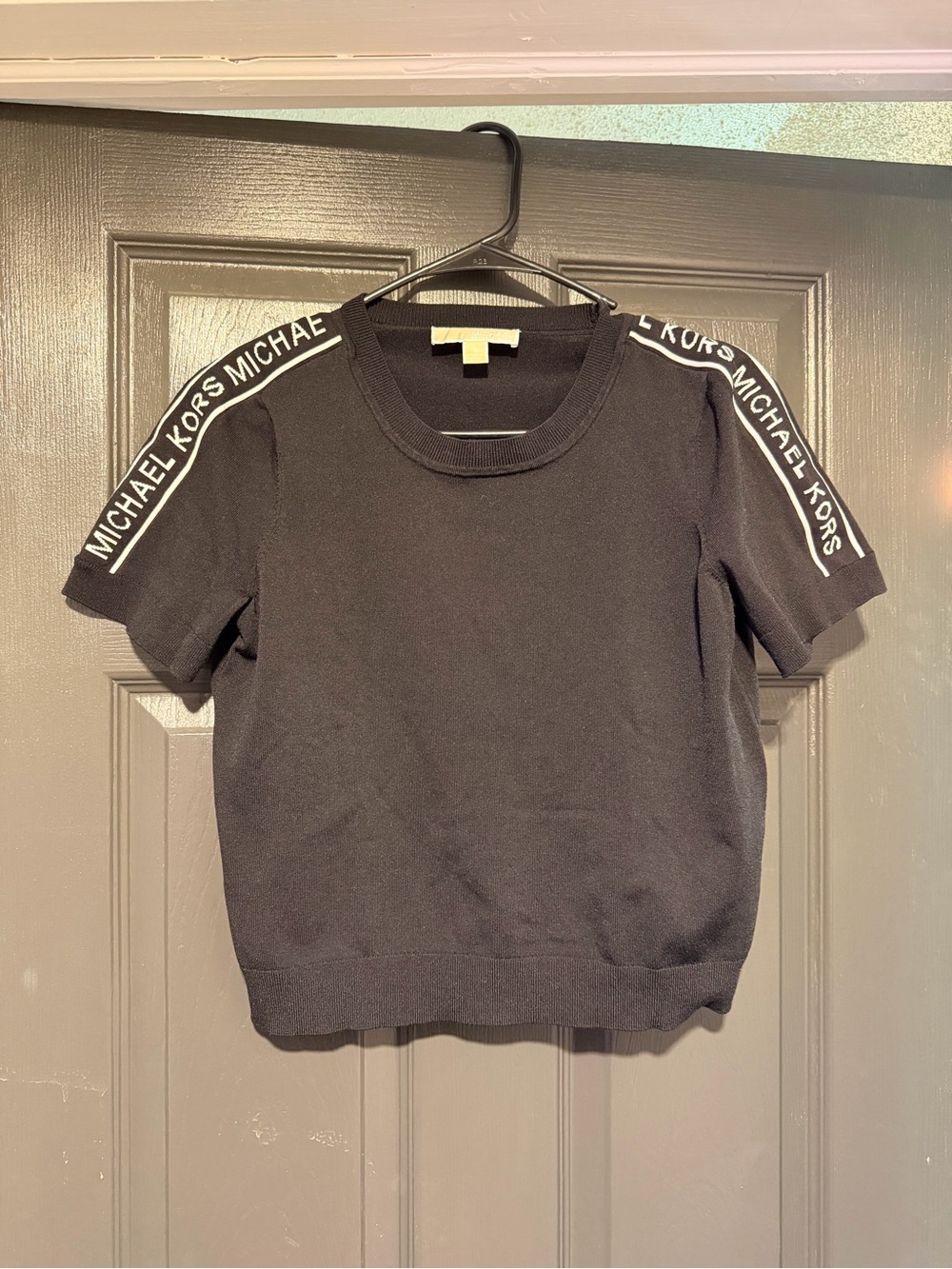 Michael Kors Black Short-Sleeve Crewneck Top with Logo Shoulder Tape